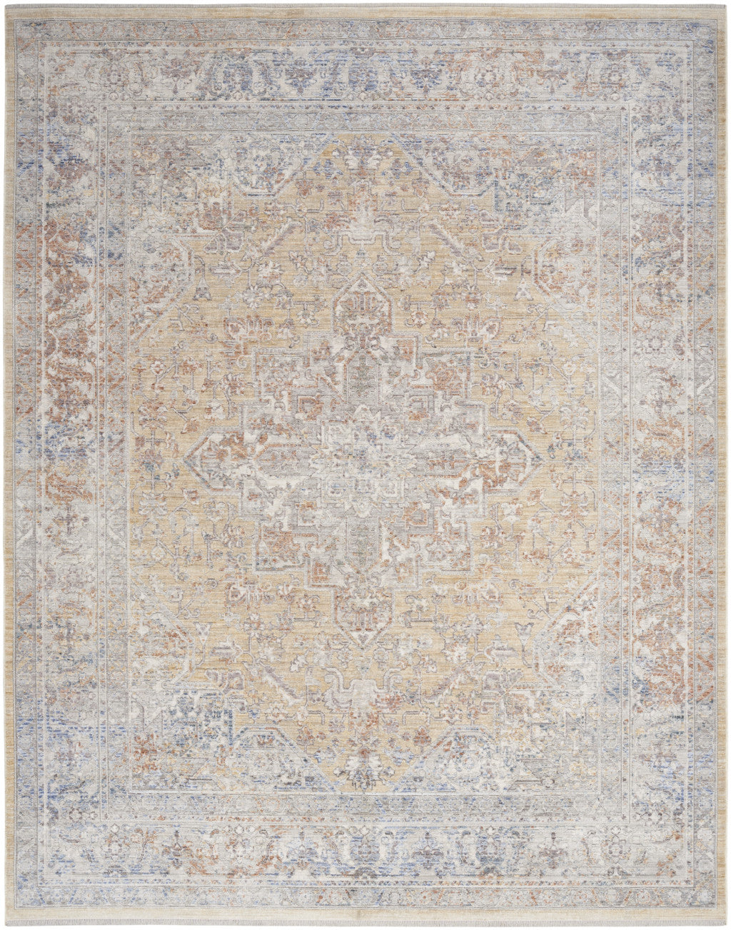 5' X 8' Gray and Gold Oriental Power Loom Distressed Area Rug With Fringe