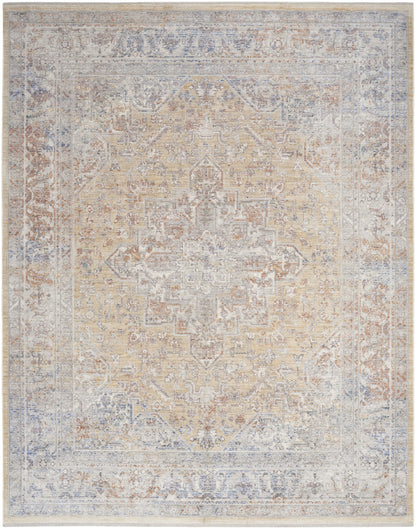 5' X 8' Gray and Gold Oriental Power Loom Distressed Area Rug With Fringe