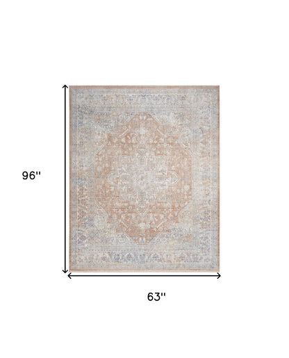 5' X 8' Brown and Blue Oriental Power Loom Distressed Area Rug With Fringe