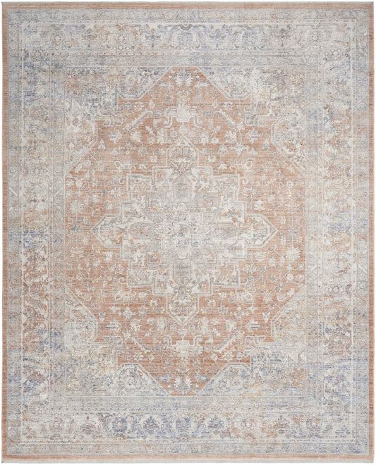 5' X 8' Brown and Blue Oriental Power Loom Distressed Area Rug With Fringe