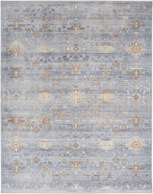 5' X 8' Blue and Ivory Oriental Power Loom Distressed Area Rug With Fringe