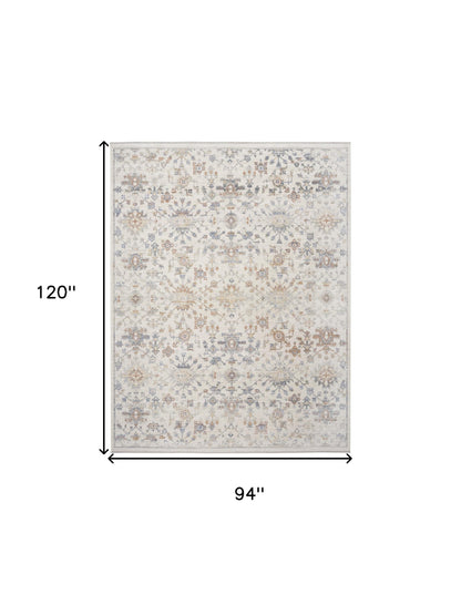 8' X 10' Ivory and Gray Oriental Power Loom Distressed Area Rug With Fringe