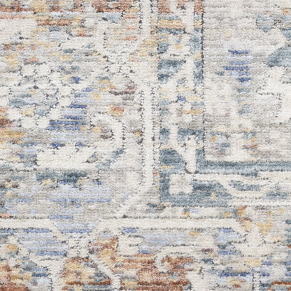 8' X 10' Ivory Blue and Orange Oriental Power Loom Distressed Area Rug With Fringe