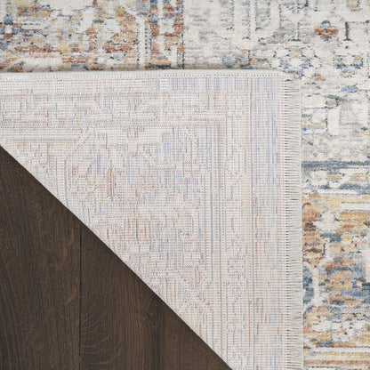 8' X 10' Ivory Blue and Orange Oriental Power Loom Distressed Area Rug With Fringe