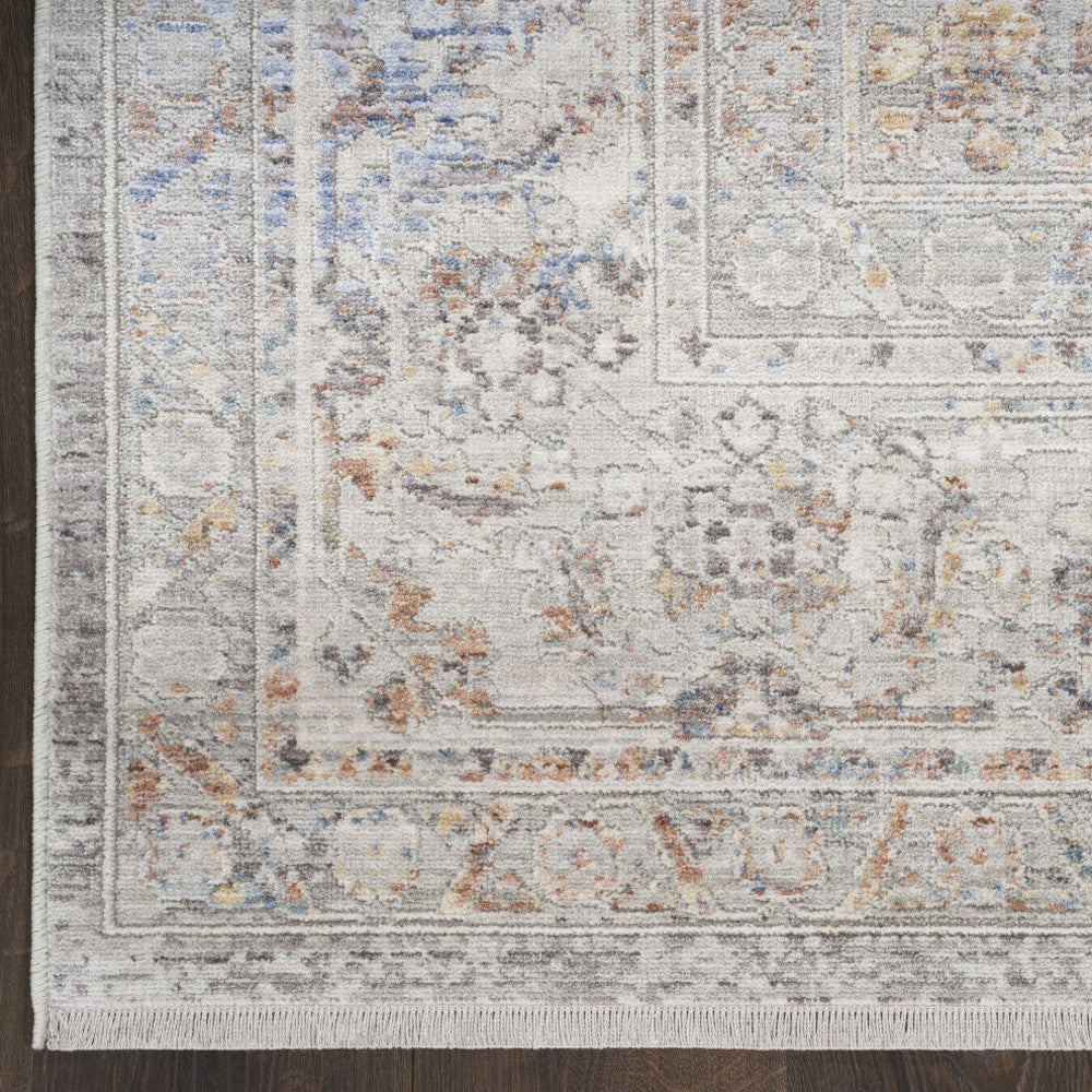 12' Ivory and Blue Oriental Power Loom Distressed Runner Rug With Fringe