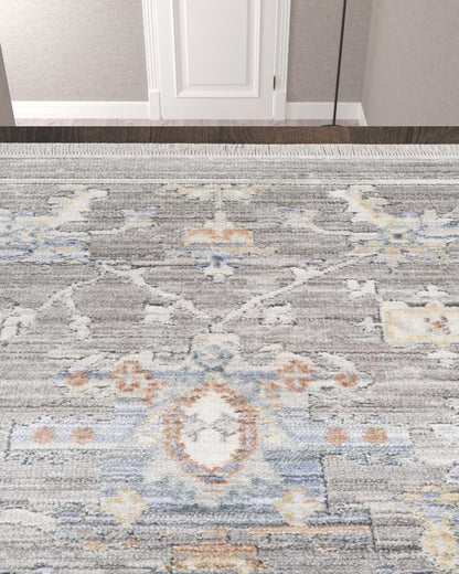 12' Ivory Blue and Gray Oriental Power Loom Distressed Runner Rug