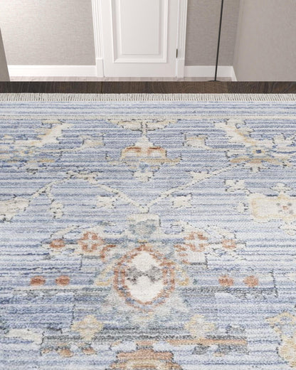 12' Blue and Ivory Oriental Power Loom Distressed Runner Rug