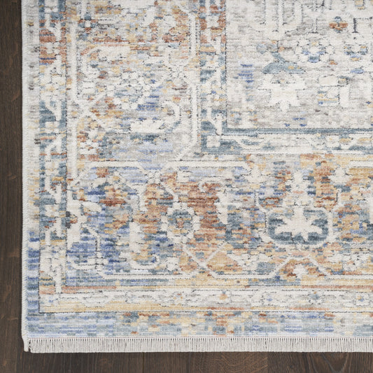 8' Ivory Blue and Orange Oriental Power Loom Distressed Runner Rug