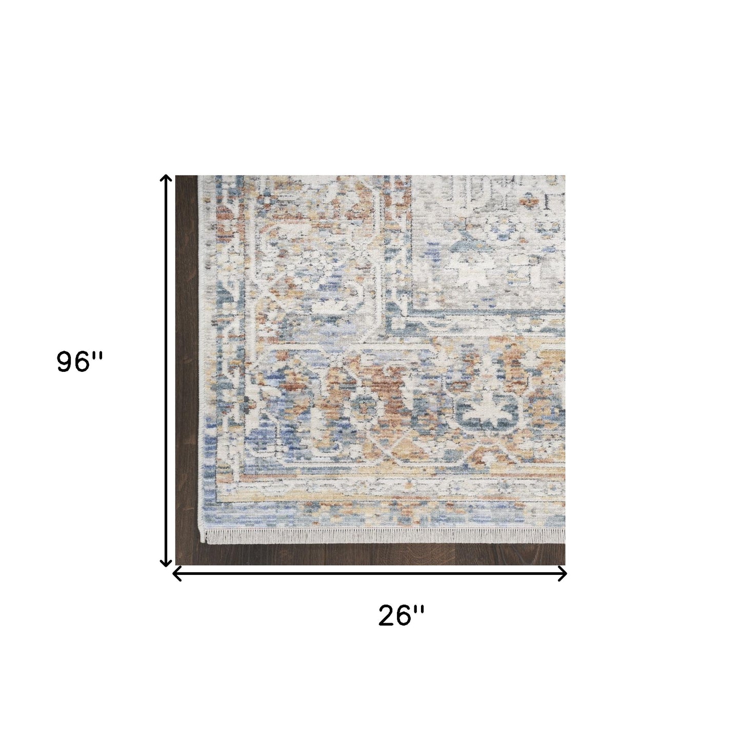 8' Ivory Blue and Orange Oriental Power Loom Distressed Runner Rug