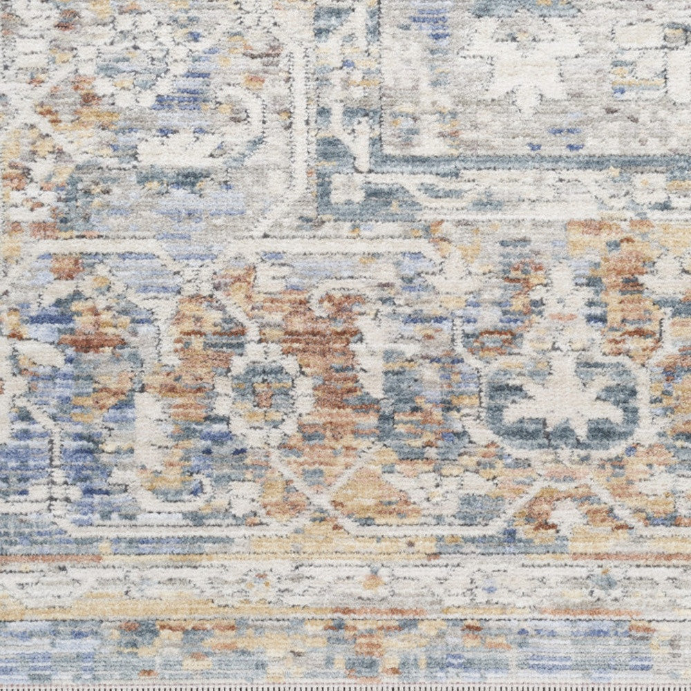 8' Ivory Blue and Orange Oriental Power Loom Distressed Runner Rug