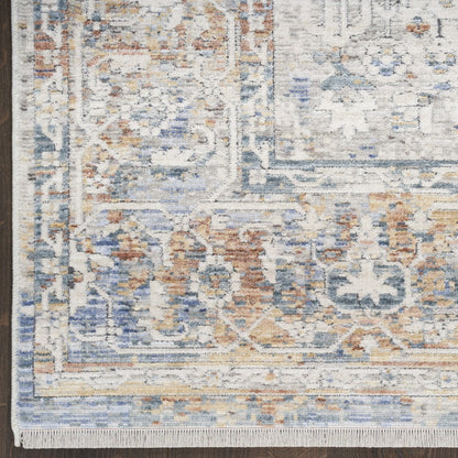 8' Ivory Blue and Orange Oriental Power Loom Distressed Runner Rug