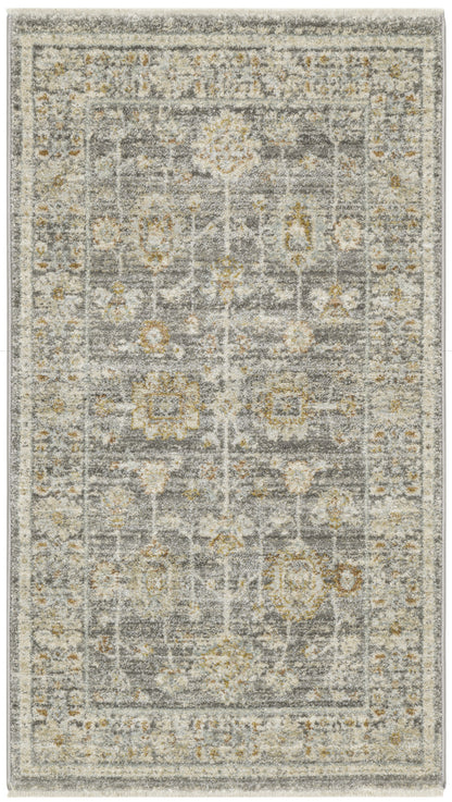 3' X 5' Beige Ivory and Gray Oriental Power Loom Distressed Area Rug With Fringe