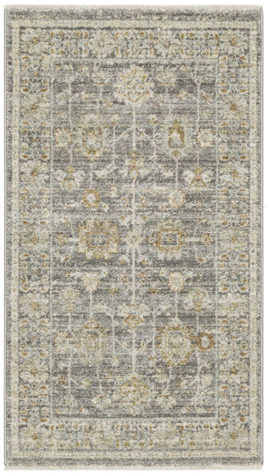 3' X 5' Beige Ivory and Gray Oriental Power Loom Distressed Area Rug With Fringe