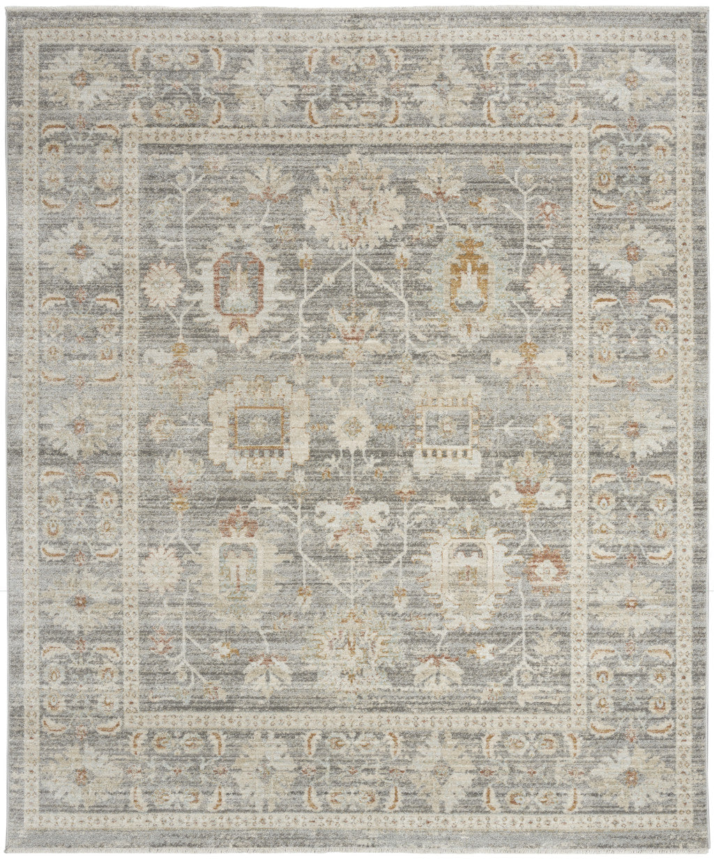 5' X 8' Beige Ivory and Gray Oriental Power Loom Distressed Area Rug With Fringe