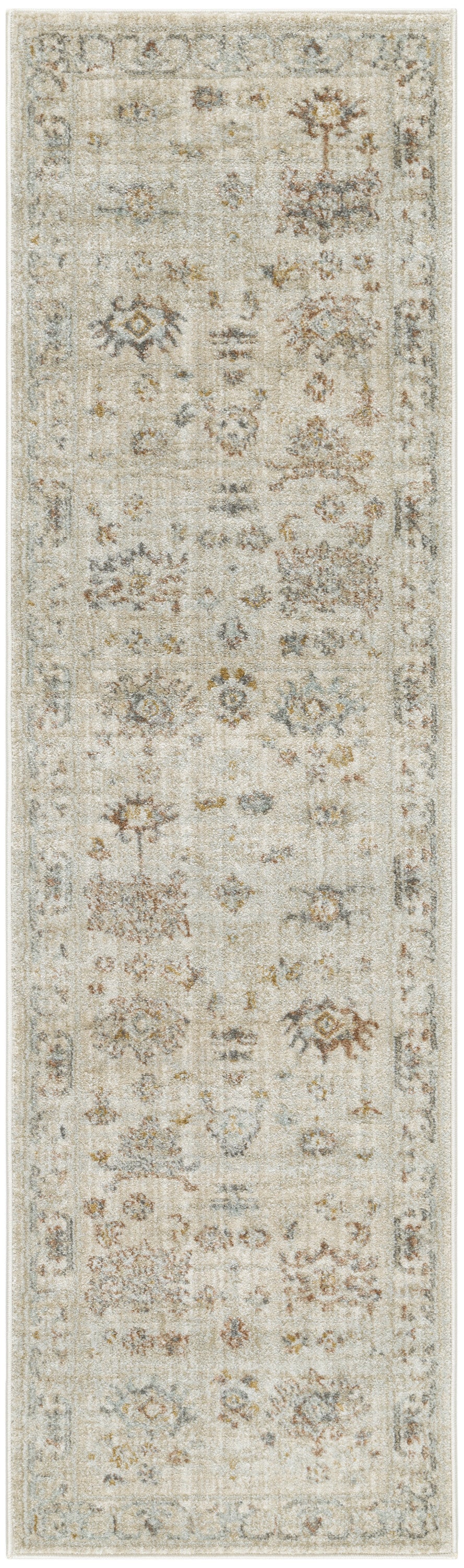 8' Beige and Brown Oriental Power Loom Distressed Runner Rug With Fringe