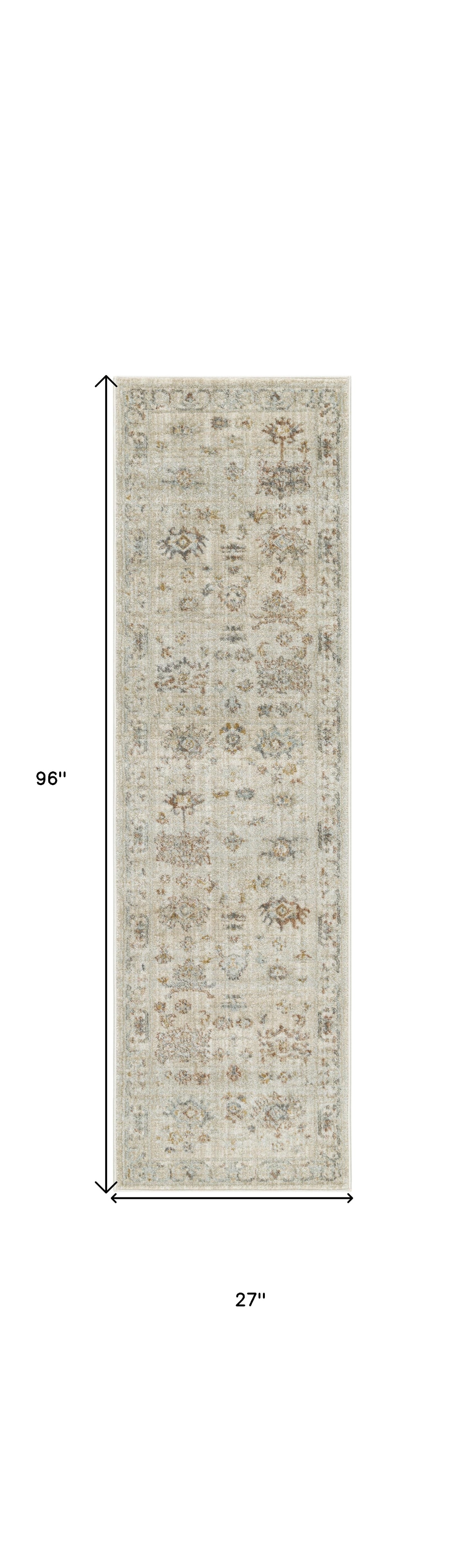 8' Beige and Brown Oriental Power Loom Distressed Runner Rug With Fringe