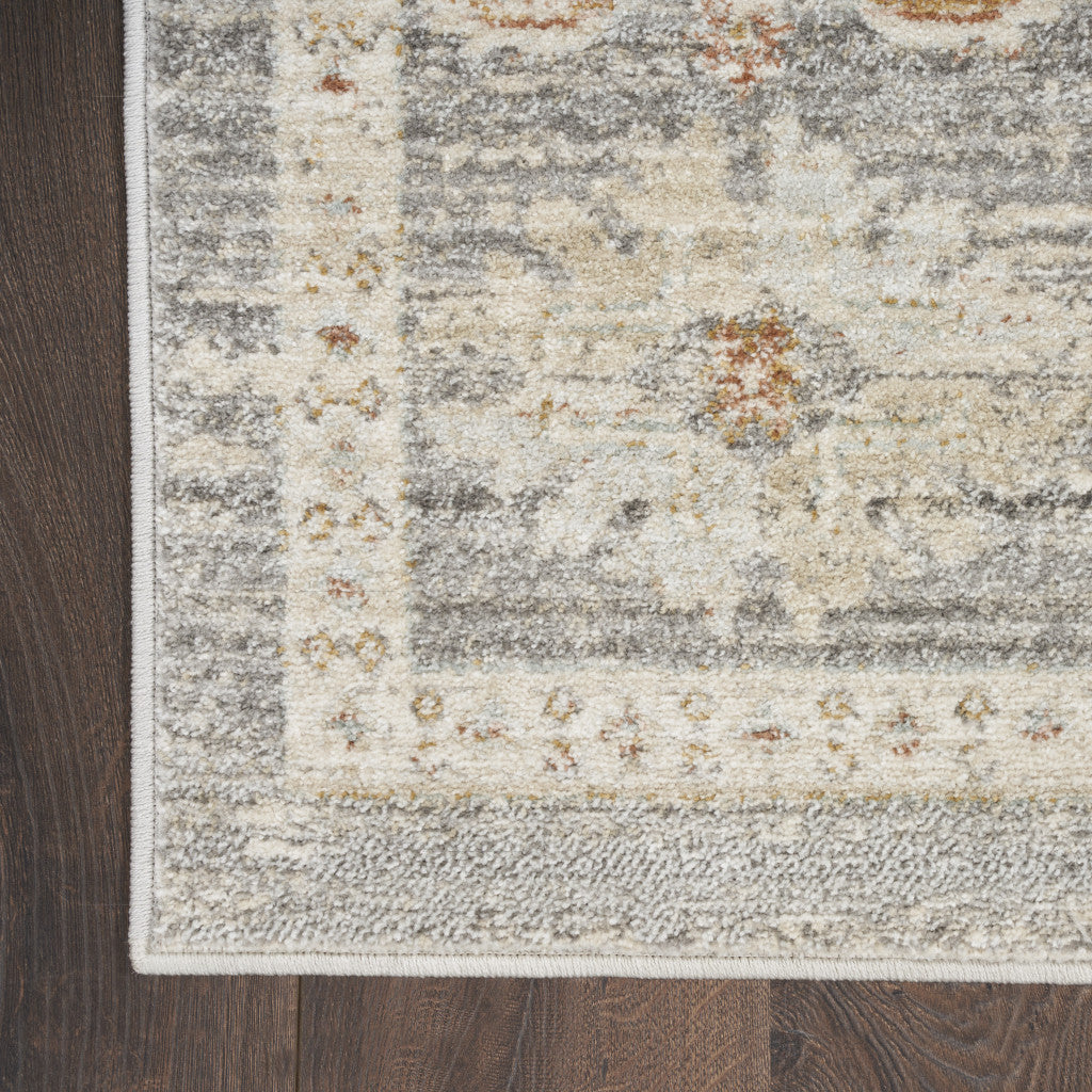 8' Beige Ivory and Gray Oriental Power Loom Distressed Runner Rug With Fringe