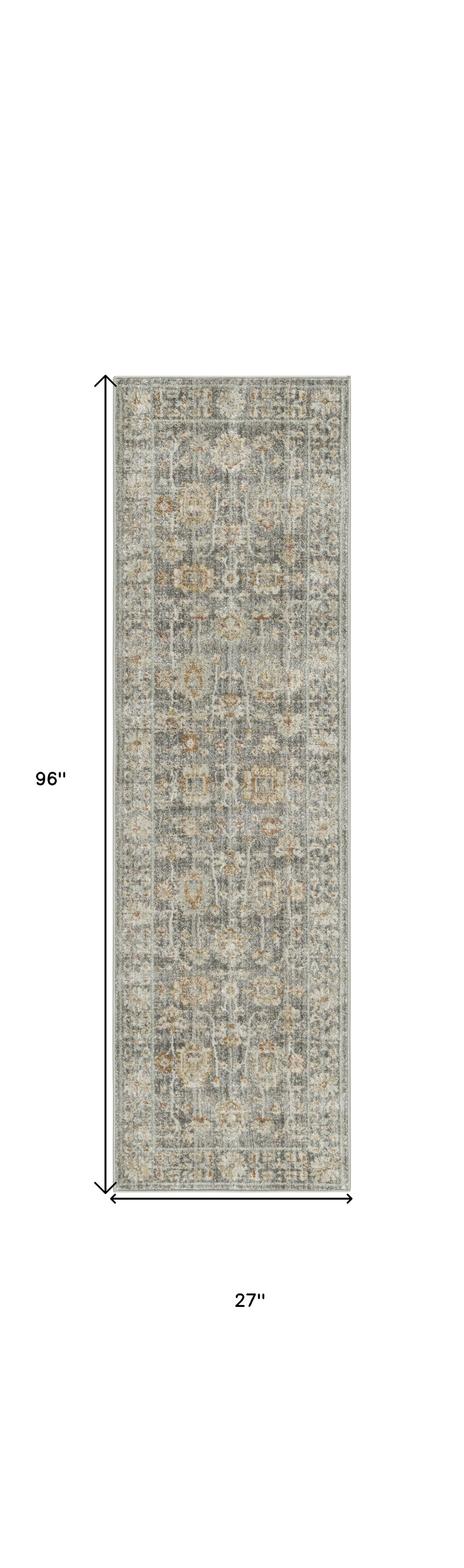 8' Beige Ivory and Gray Oriental Power Loom Distressed Runner Rug With Fringe