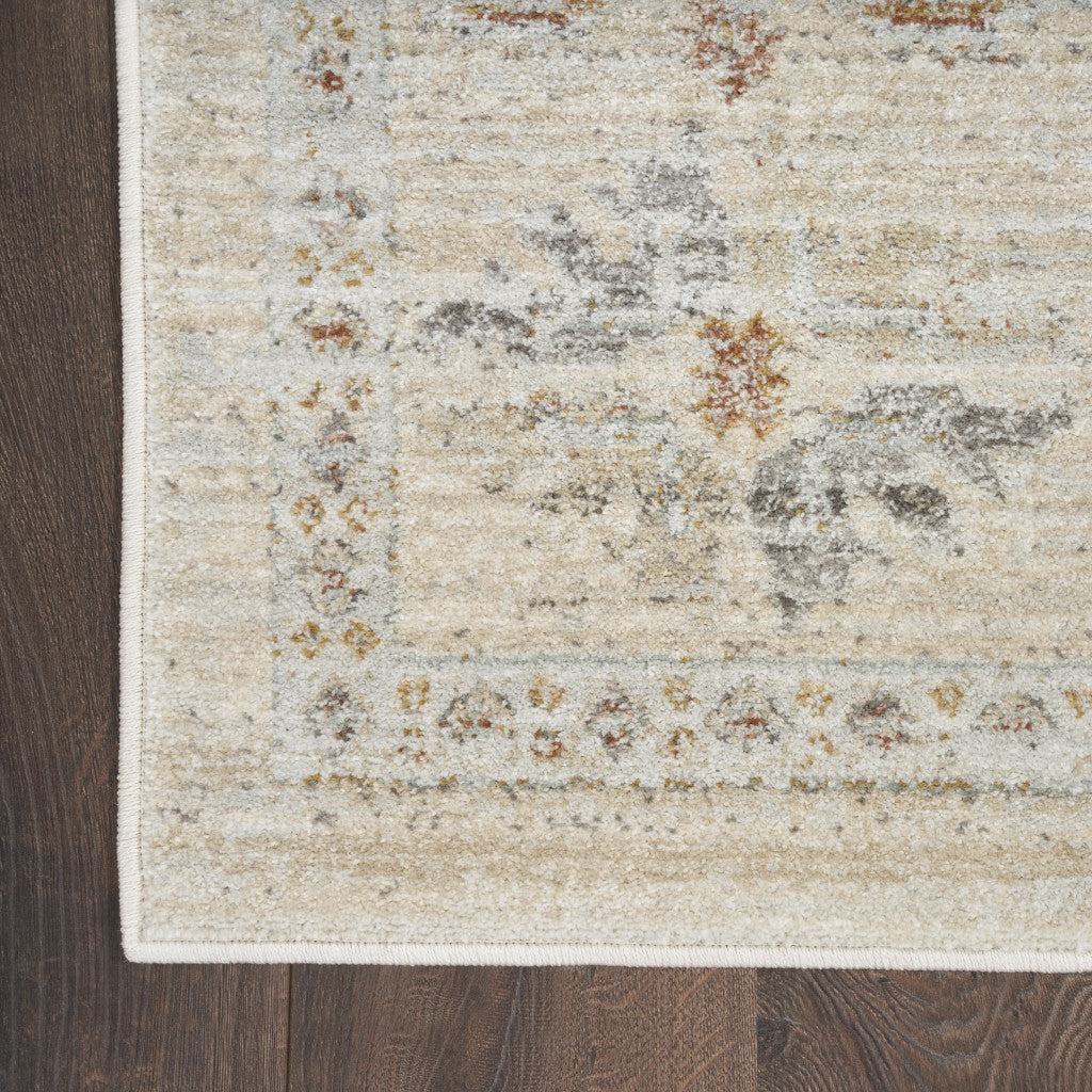 8' Beige and Ivory Oriental Power Loom Distressed Runner Rug With Fringe