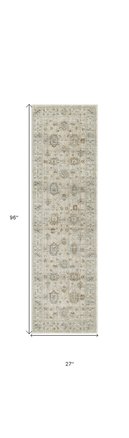 8' Beige and Ivory Oriental Power Loom Distressed Runner Rug With Fringe