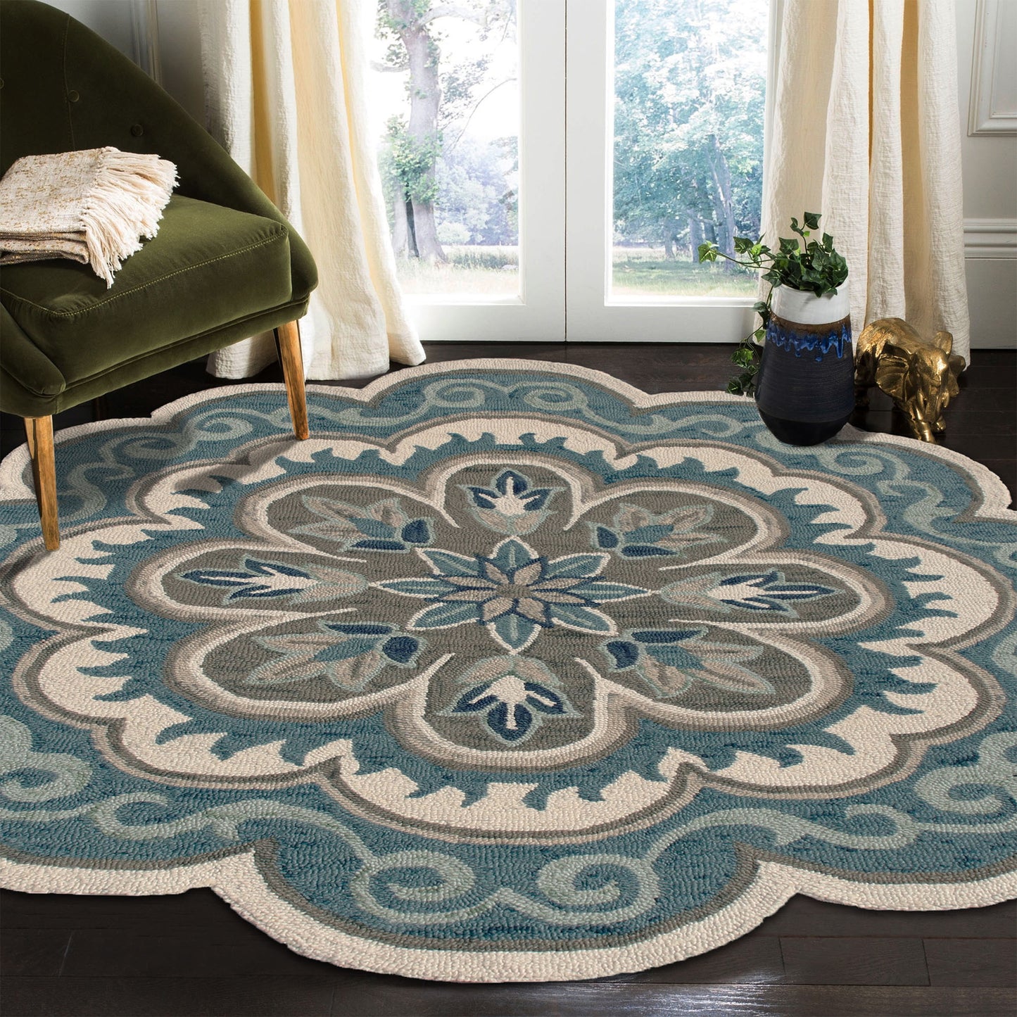 5' X 5' Green Round Wool Floral Hand Tufted Area Rug