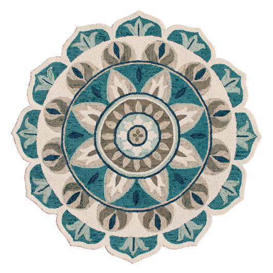 6' X 6' Blue Round Wool Floral Hand Tufted Area Rug