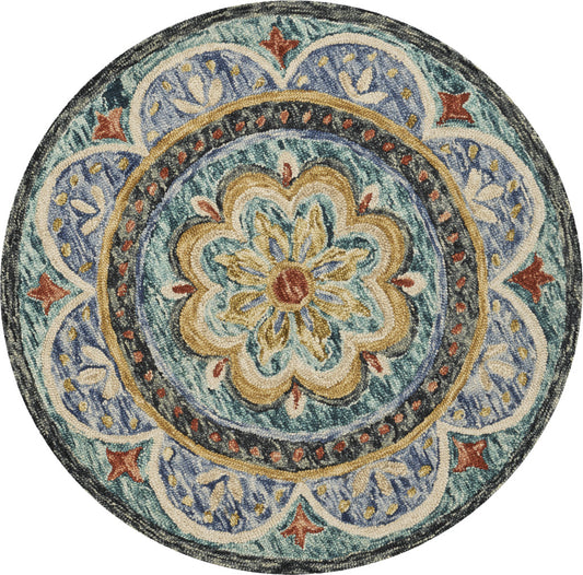 6' X 6' Blue Round Wool Floral Hand Tufted Area Rug