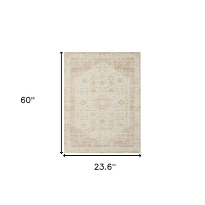 2' X 5' Beige Abstract Washable Non Skid Area Rug