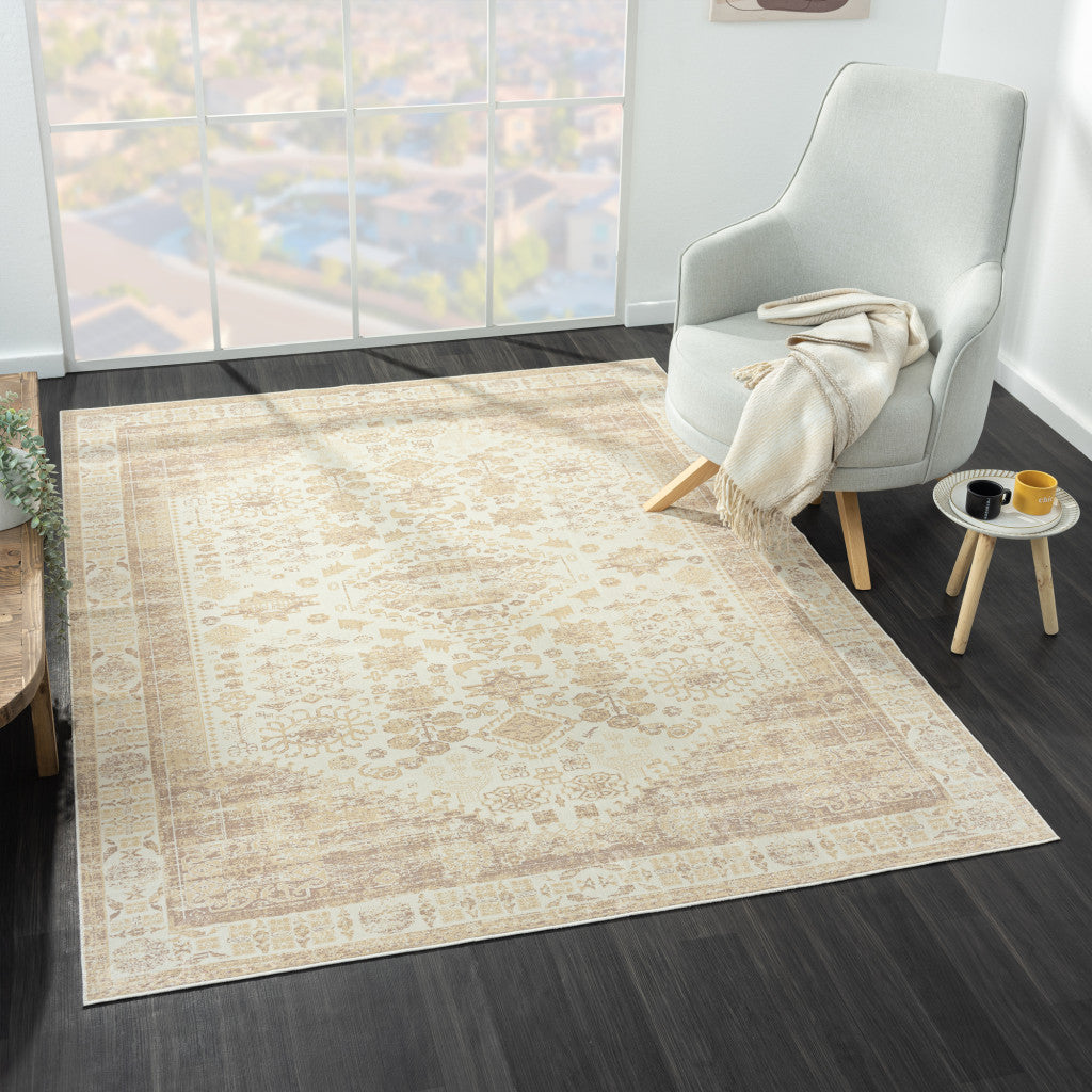 2' X 5' Beige Abstract Washable Non Skid Area Rug