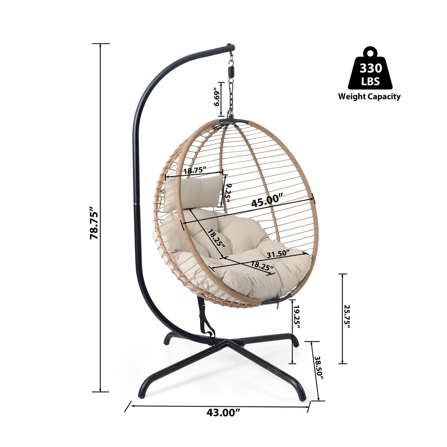 Sora Outdoor Patio Wicker Hanging Chair With Stand - Beige / Brown