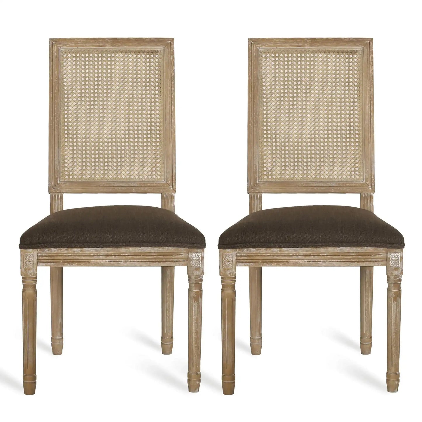 French Country Dining Chair With Rectangular Cane Backrest And Smooth Upholstered Seating