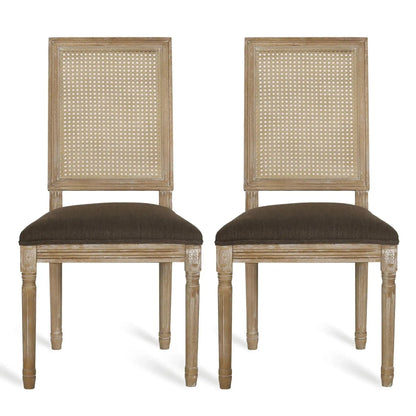 French Country Dining Chair With Rectangular Cane Backrest And Smooth Upholstered Seating