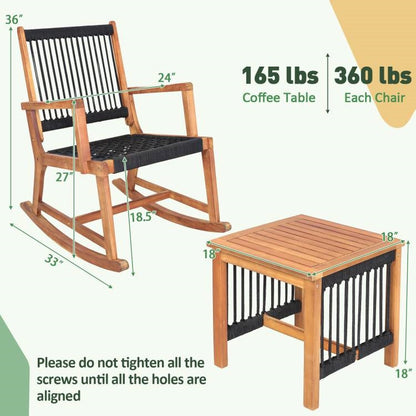 3 Piece Outdoor Wood Patio Furniture Rocking Chair Table Bistro Set