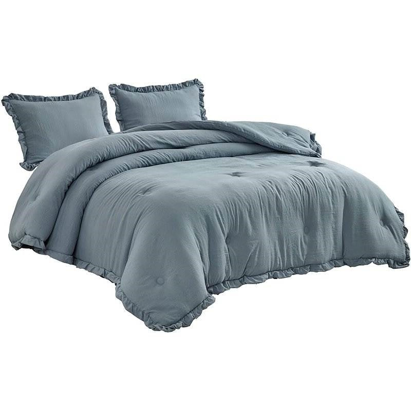 Queen Oversized Blue Ruffled Edge Microfiber Comforter Set