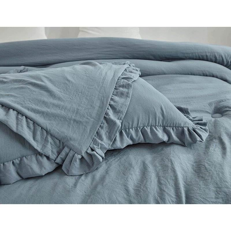 Queen Oversized Blue Ruffled Edge Microfiber Comforter Set