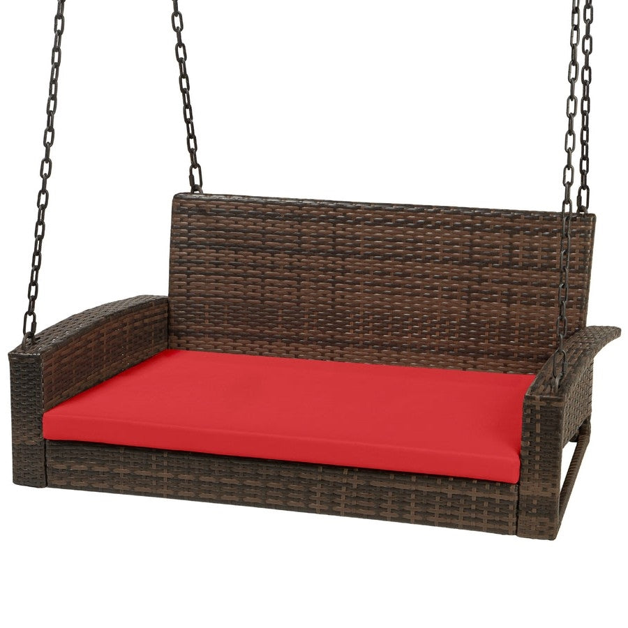 Brown Wicker Hanging Patio Porch Swing Bench w/ Mounting Chains and Red Seat Cushion