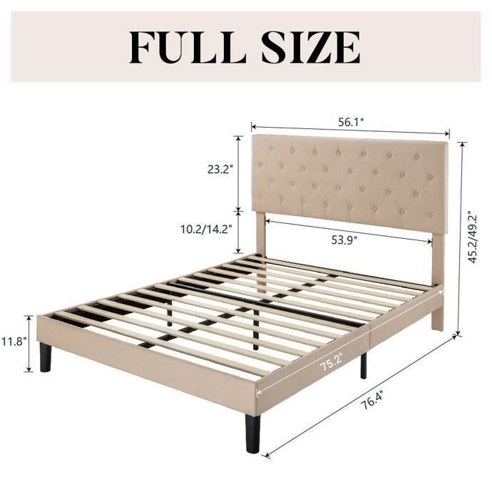 Full Size Beige Linen Upholstered Platform Bed with Button-Tufted Headboard