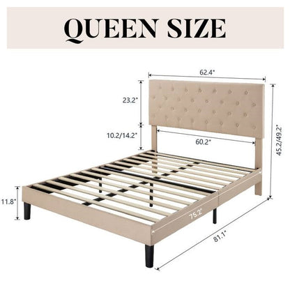 Queen Size Beige Linen Upholstered Platform Bed with Button-Tufted Headboard