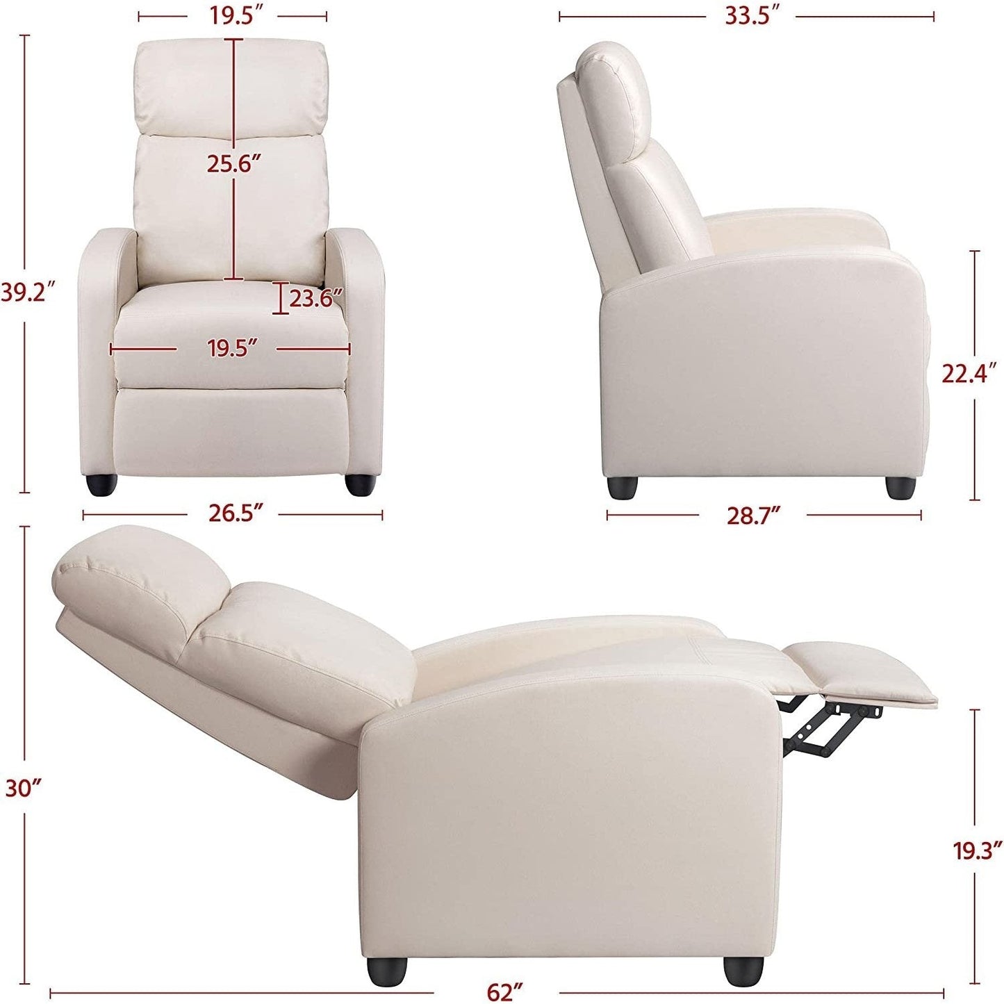 Off White High-Density Faux Leather Push Back Recliner Chair