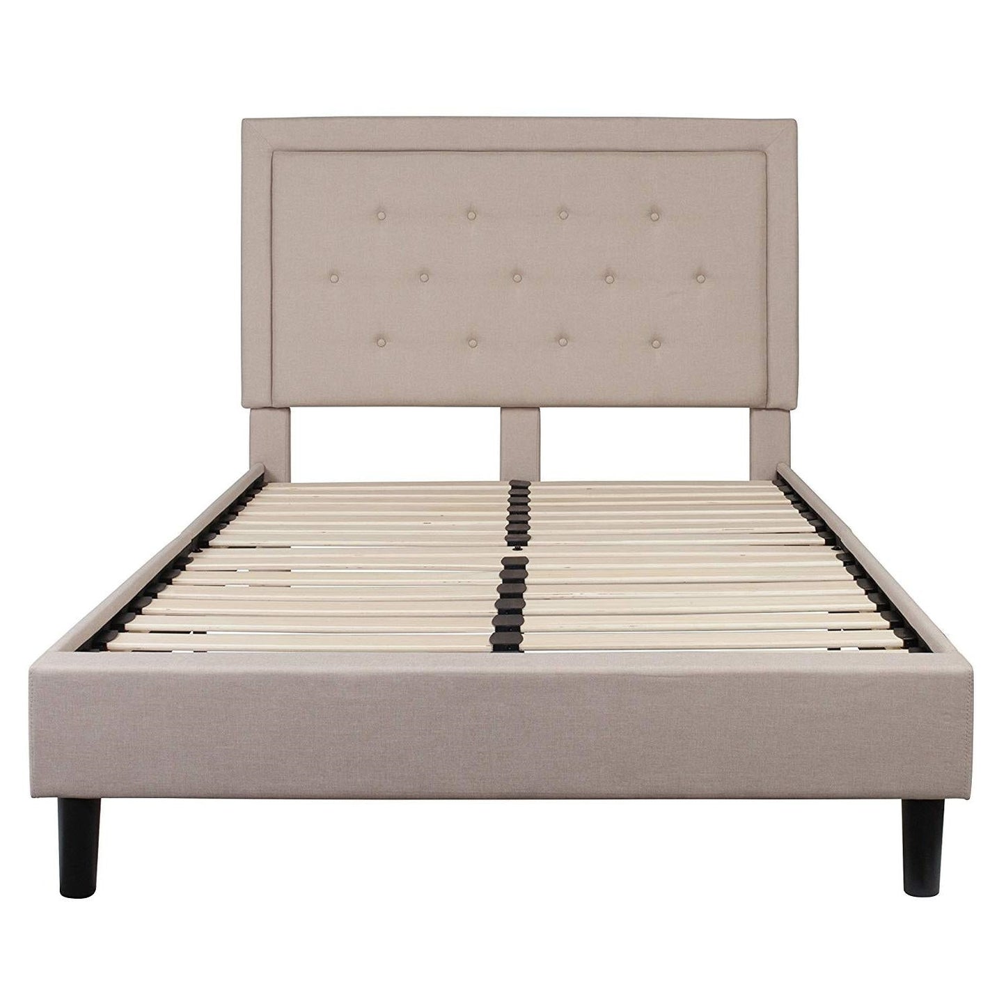 Full Beige Fabric Upholstered Platform Bed Frame with Tufted Headboard