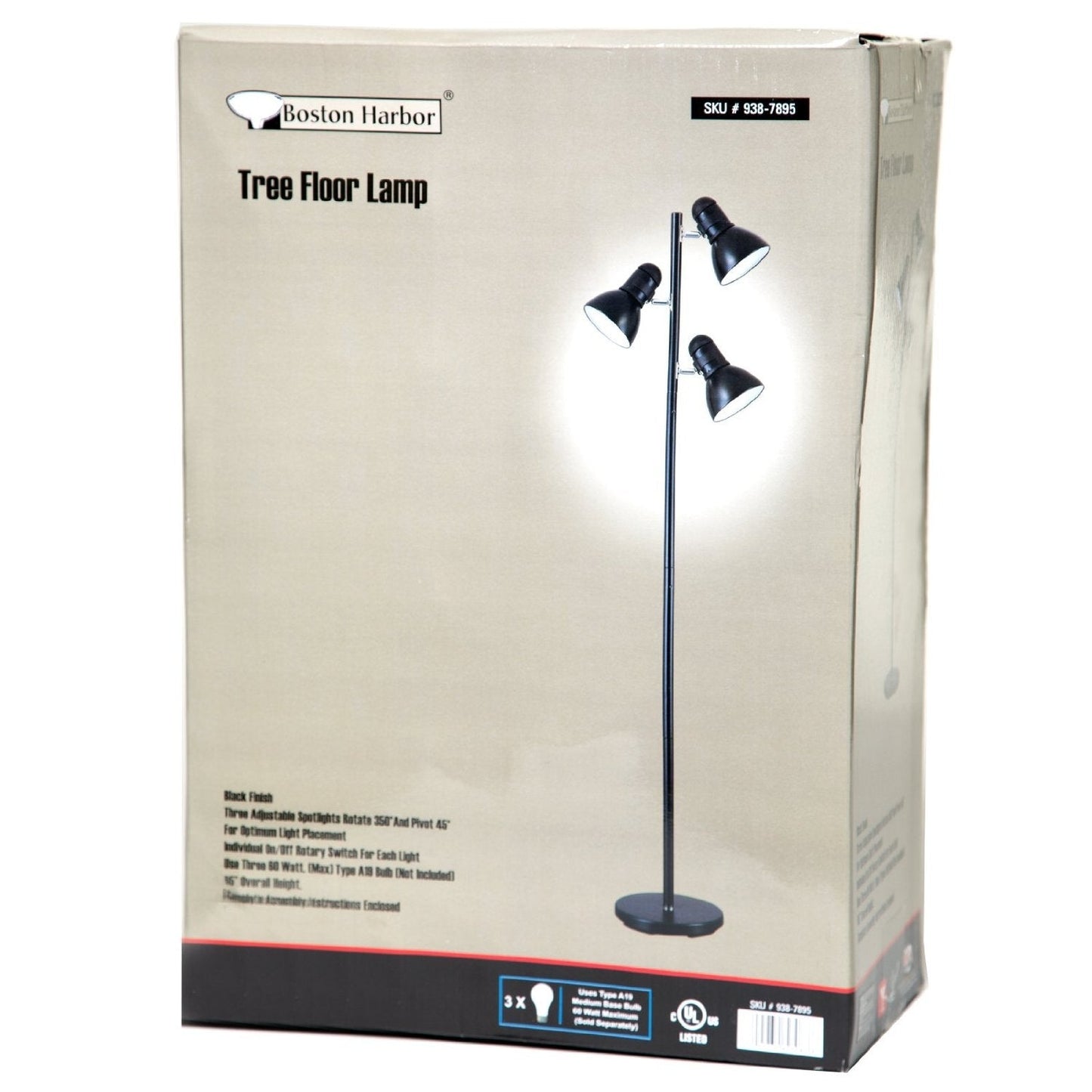 65-inch Black 3-Light Tree Lamp Spotlight Floor Lamp