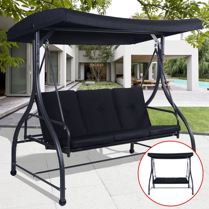 Black Adjustable 3 Seat Cushioned Porch Patio Canopy Swing Chair