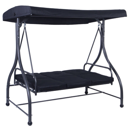 Black Adjustable 3 Seat Cushioned Porch Patio Canopy Swing Chair