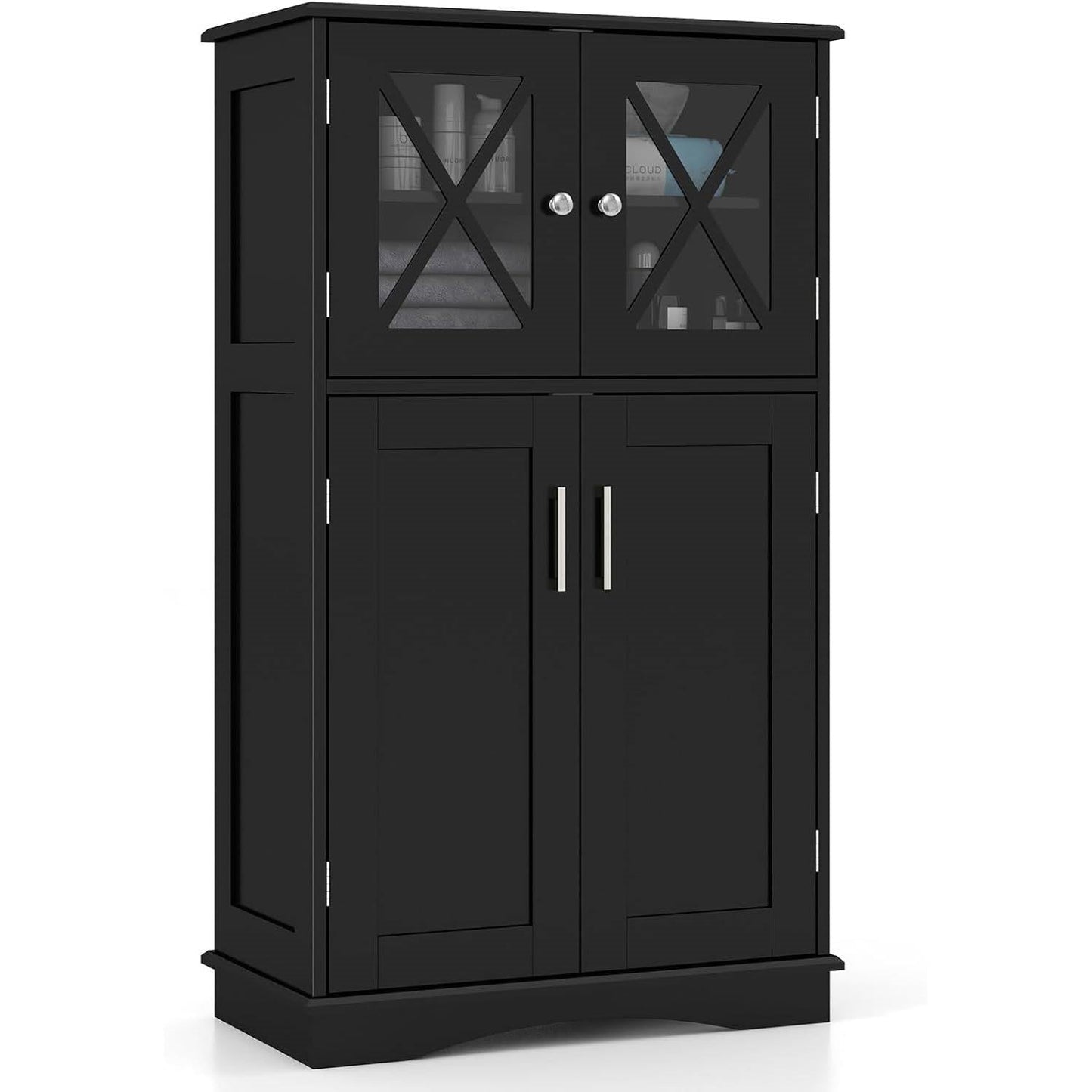 Black Bathroom Towel Linen Cabinet with Glass Doors and Storage Shelves