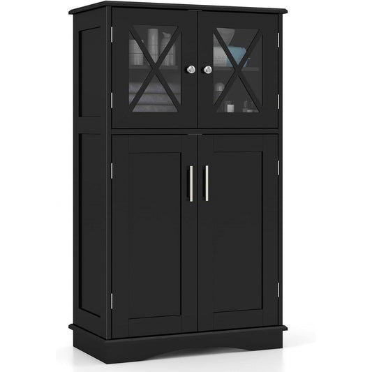 Black Bathroom Towel Linen Cabinet with Glass Doors and Storage Shelves