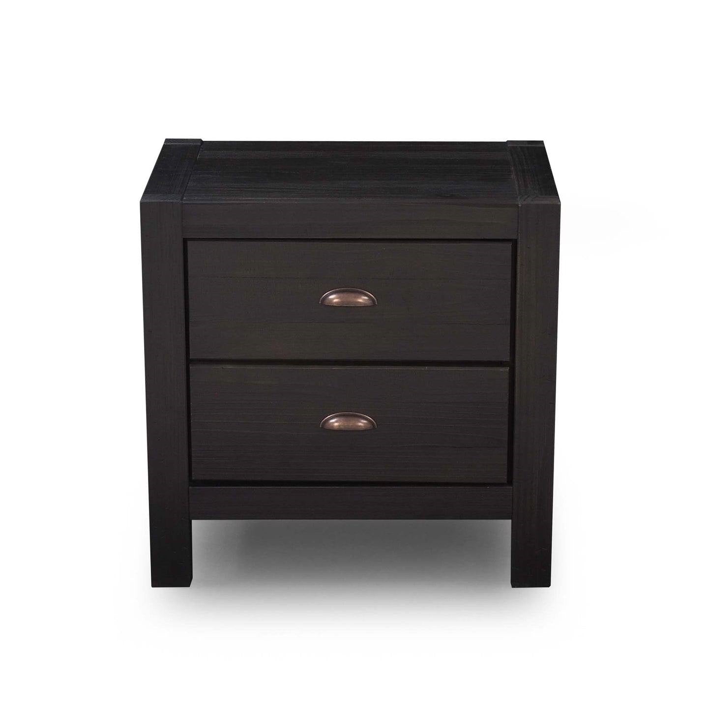 Farmhouse Style Solid Pine Wood 2-Drawer Nightstand Bedside Table in Black