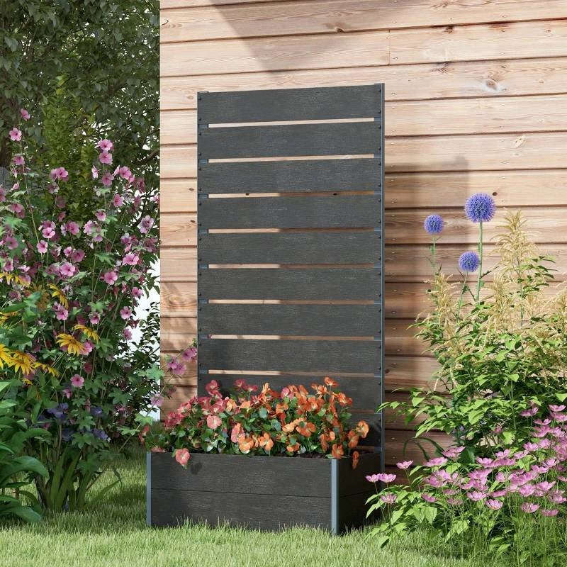 Outdoor Raised Bed Planter with Slatted Fence Trellis in Black Wood Finish