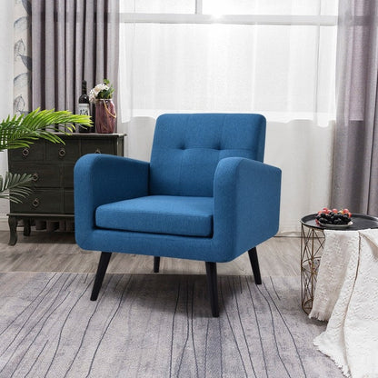 Mid-Century Modern Blue Linen Upholstered Accent Chair with Wooden Legs