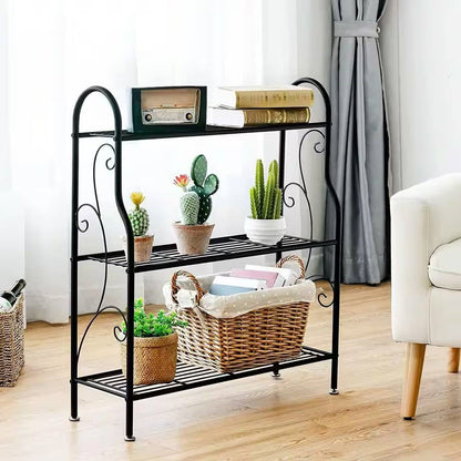 Indoor/Outdoor Black Metal 3-Tier Bookcase Plant Stand Shelving Rack