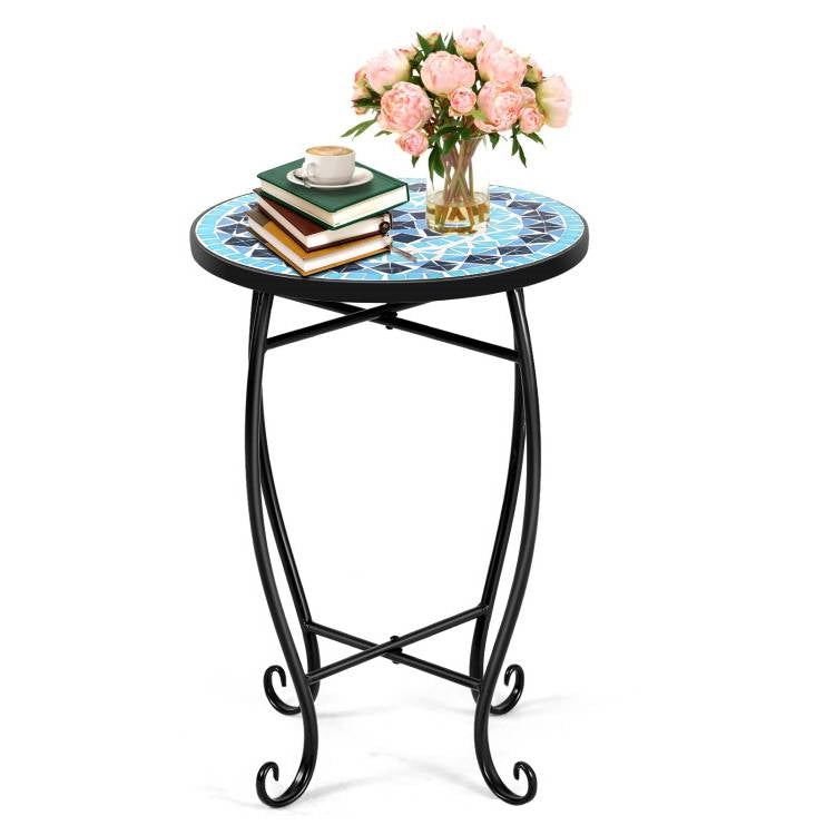 Indoor/Outdoor Blue Mosaic Round Side Accent Table Plant Stand